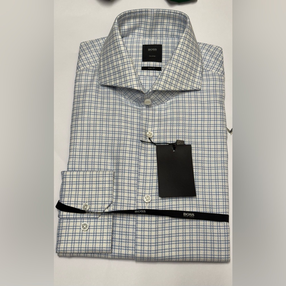 BOSS White Dress Shirt with Blue Windowpane Check